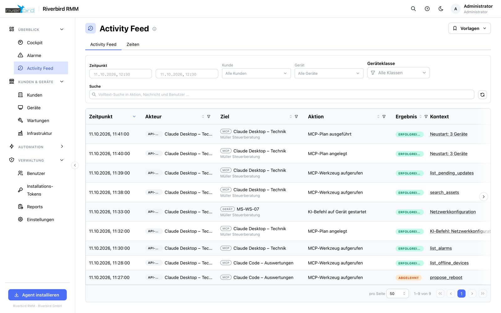 Activity Feed mit den Werkzeugaufrufen und Freigaben des KI Technikers