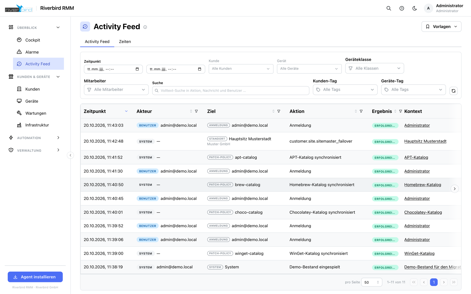 Activity Feed mit dem lesbaren Verlauf aller Aktionen